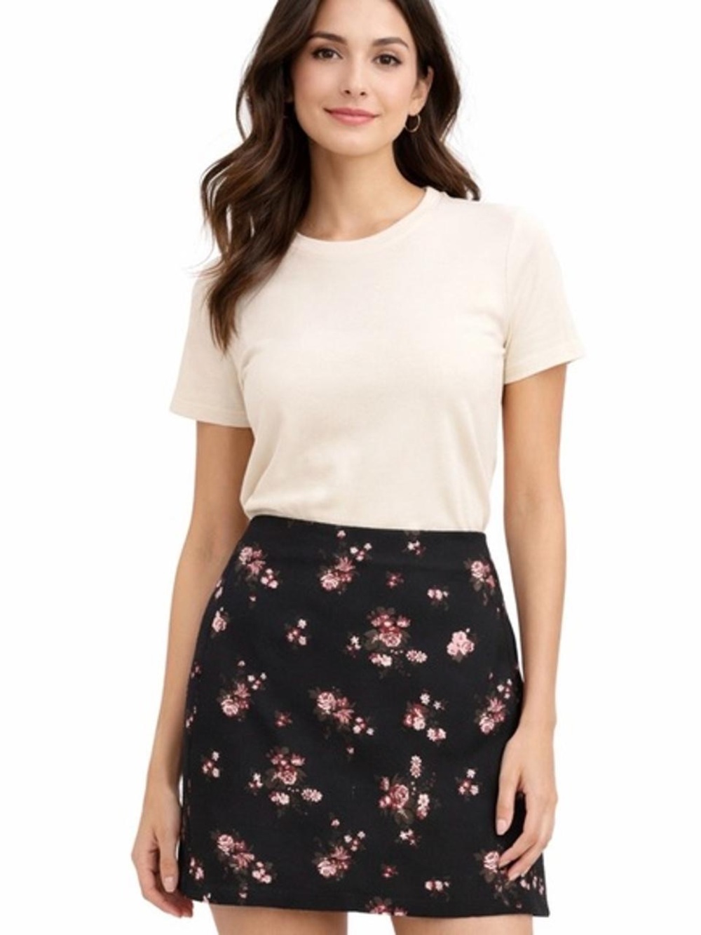 LOFT Black Mini Skirt in Pink Floral Print